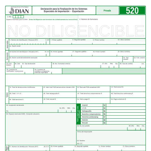 Vista previa del documento Declaración para la Finalización de los Sistemas Especiales de Importación - Exportación — Año 2008, Colombia (CERFA n°F520-2008)