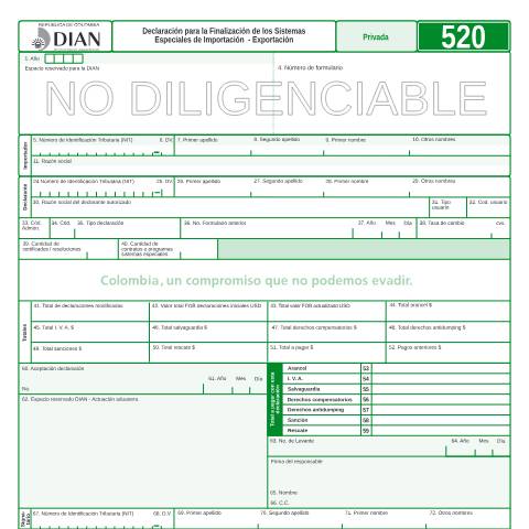 Vista previa del documento Declaración para la finalización de los sistemas especiales de importación - exportación — Año 2007, Colombia (CERFA n°F520-2007)