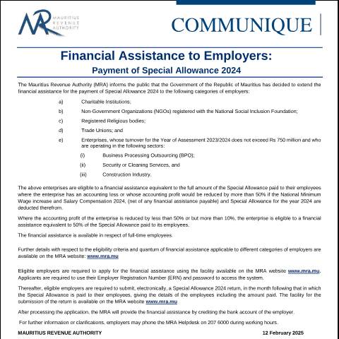 Document preview: Financial Assistance to Employers : Payment of Special Allowance 2024 (12.02.25) — Notice / Circular, Mauritius (CERFA n°CommuniqueFA120225)