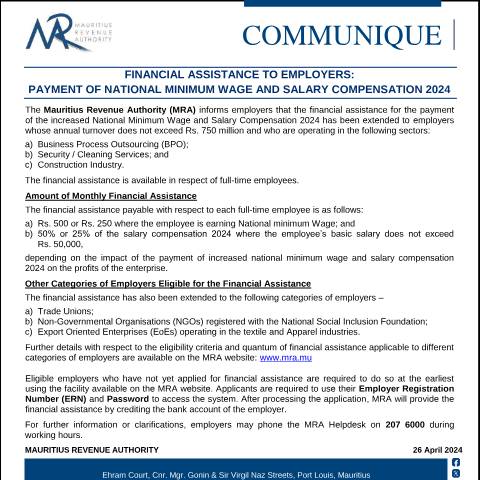Document preview: Financial Assistance to Employers : Payment of National Minimum Wage and Salary Compensation 2024 (26.04.24) — Notice / Circular, Mauritius (CERFA n°CommuniqueFA260424)