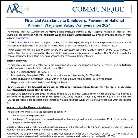 Document preview: Financial Assistance to Employers: Payment of National&nbsp;Minimum Wage and Salary Compensation 2024 (26.01.24) — Notice / Circular, Mauritius (CERFA n°CommuniqueFA260124)