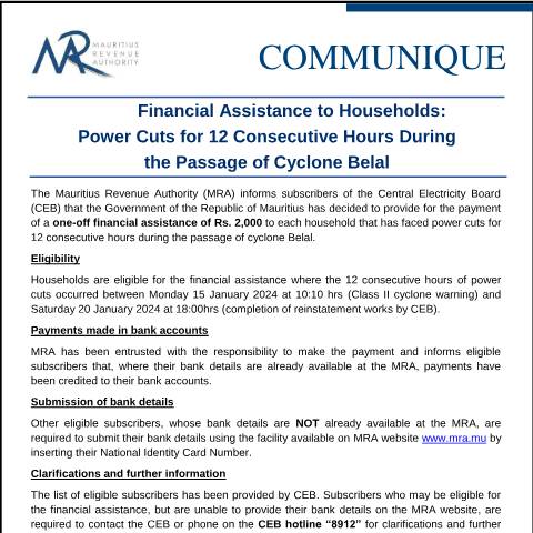 Document preview: Financial Assistance to Households : Power Cuts for 12 consecutive hours during the passage of cyclone Belal (21.02.24) — Notice / Circular, Mauritius (CERFA n°CommuniquePowerCuts210224)
