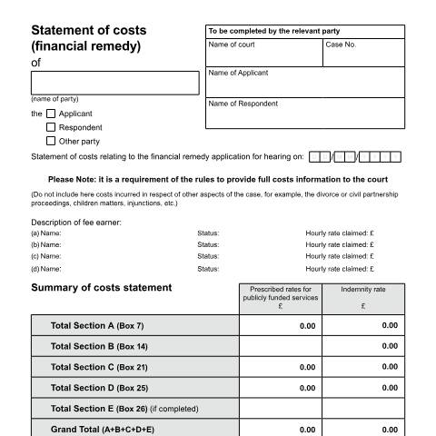 Document preview: Statement of costs (financial remedy): Form H1 — HM Courts & Tribunals Service, United Kingdom