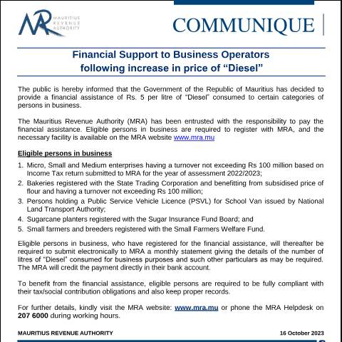 Document preview: Financial Support to Business Operators following increase in price of “Diesel” (16.10.23) — Notice / Circular, Mauritius (CERFA n°CommuniqueDiesel161023)