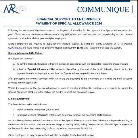 Document preview: Financial Support to Enterprises : Payment of Special Allowance 2024 (24.12.24) — Notice / Circular, Mauritius (CERFA n°CommuniqueSpcAll2024)