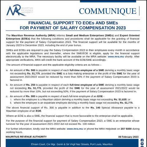 Document preview: Financial Support to EOEs and SMEs for Payment of Salary Compensation 2023 (09.02.23) — Notice / Circular, Mauritius (CERFA n°CommuniqueFinancialAssistance090223)