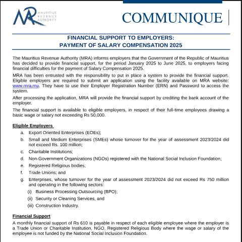 Document preview: Financial Support to Employers: Payment of Salary Compensation 2025 (03.03.25) — Notice / Circular, Mauritius (CERFA n°CommuniqueFA030325)