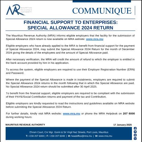 Document preview: Financial Support to Enterprise : Special Allowance 2024 Return (17.01.25) — Form, Mauritius (CERFA n°SpecialAllowanceReturn170125)
