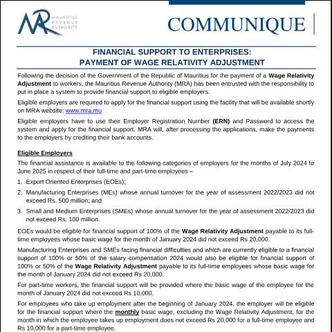 Document preview: Financial Support to Enterprises : Payment of Wage Relativity Adjustment (27.08.24) — Notice / Circular, Mauritius (CERFA n°CommuniqueWage2024)