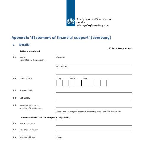 Documentvoorvertoning: Appendix ‘Statement of financial support’ (company) — IND — immigratie, Nederland (CERFA n°7674)