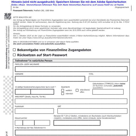 Dokumentvorschau: FON1NP — Bekanntgabe von FinanzOnline Zugangsdaten / Rücksetzen auf Start-Passwort — Steuern, Österreich (CERFA n°FON1NP)
