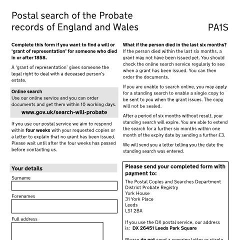 Document preview: Find a will or probate document: Form PA1S — HM Courts & Tribunals Service, United Kingdom