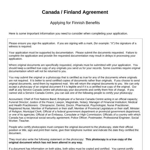 Document preview: Finland/Canada Agreement - Application for Finnish National Old Age benefit — Income Security Programs, Canada (CERFA n°CAN-FIN_2B)