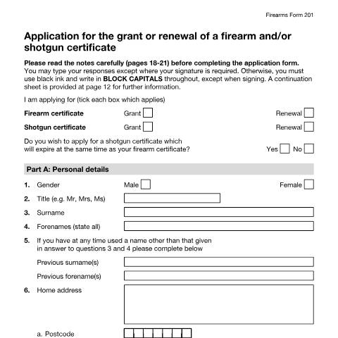 Document preview: Firearms application forms — Home Office, United Kingdom