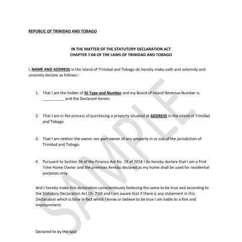 Document preview: 1st Time Home Owner Declaration Template — Form, Trinidad & Tobago (CERFA n°1ST TIME HOME OWNER DECLARATION TEMPLATE)