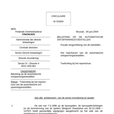 Aperçu du document Circulaire van 30 juni 2004 (PDF, 28.48 KB) — Documenten en linken, Belgique (CERFA n°Circulaire-AOT-30-juni)