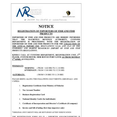 Document preview: Notice to Importers of Fish and Fish Products (02.04.2012) — Document, Mauritius (CERFA n°NoticeRegistrationImportersFishMarch2012)
