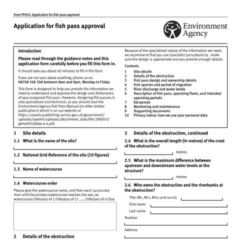 Document preview: Fish pass approval: application — Environment Agency, United Kingdom