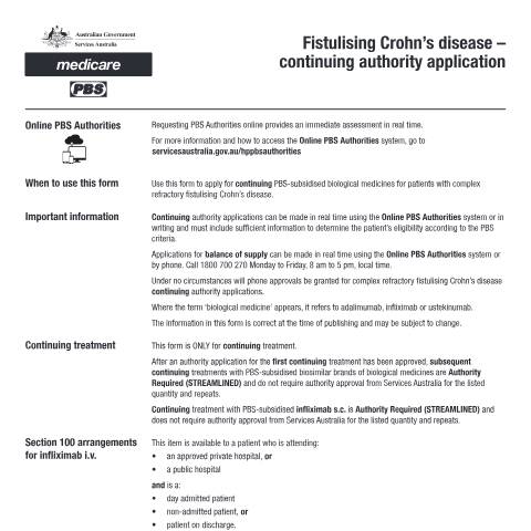 Document preview: Fistulising Crohn's disease - continuing authority application form (PB093) — Services Australia — Health professionals, Australia (CERFA n°PB093)