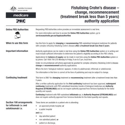 Document preview: Fistulising Crohn’s disease - change or recommencement (treatment break less than 5 years) authority application form (PB236) — Services Australia — Health professionals, Australia (CERFA n°PB236)