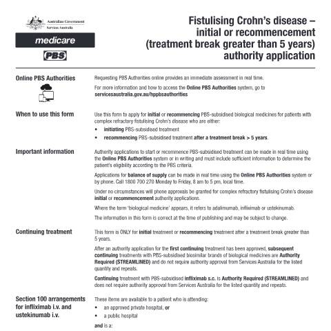 Document preview: Fistulising Crohn's disease - initial or recommencement (treatment break greater than 5 years) authority application form (PB092) — Services Australia — Health professionals, Australia (CERFA n°PB092)