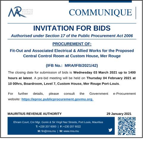 Document preview: Fit-Out and Associated Electrical &amp; Allied Works for the Proposed Central Control Room at Custom House, Mer Rouge (29.01.21) — Notice / Circular, Mauritius (CERFA n°Communique290121)