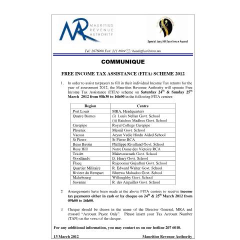 Document preview: FITA 2012 Scheme (13.3.2012) — Notice / Circular, Mauritius (CERFA n°CommuniqueFITA2012)