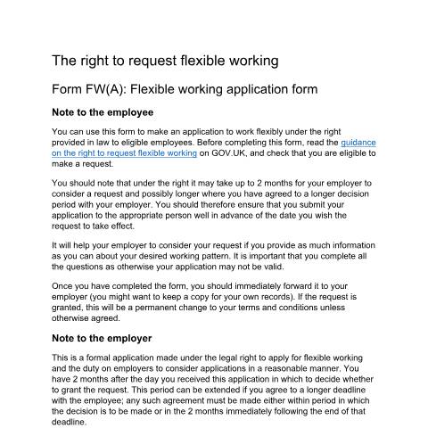 Document preview: Request flexible working: application form template — Department for Business and Trade, United Kingdom