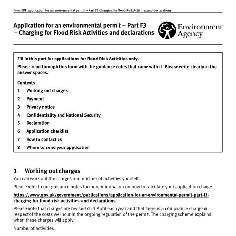 Document preview: Application for a flood risk activities environmental permit (charges and declarations): part F3 — Environment Agency, Department for Environment, Food & Rural Affairs, United Kingdom