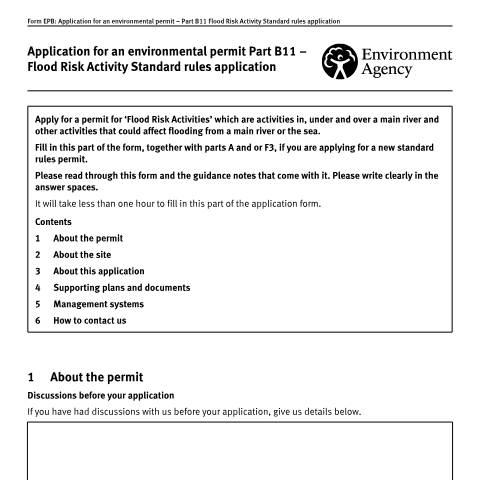 Document preview: Application for an environmental permit part B11: standard rules permit for flood risk activities — Environment Agency, Department for Environment, Food & Rural Affairs, United Kingdom