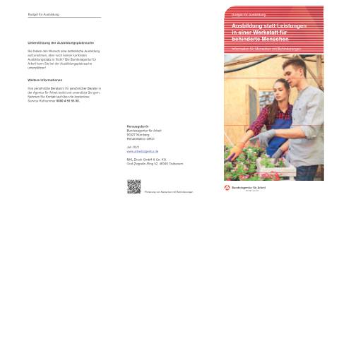Dokumentvorschau: budget-fuer-ausbildung-flyer_ba038174 — Öffnet in neuem Tab Flyer zum Budget für Ausbildung Informationen für Menschen mit Behinderungen zur Fördermöglichkeit einer Ausbildung als Alternative zur Werkstatt für behinderte Menschen pdf | 1.43 MB | nicht barrierefrei — Familienkasse/budget, Deutschland (CERFA n°budget-fuer-ausbildung-flyer_ba038174)