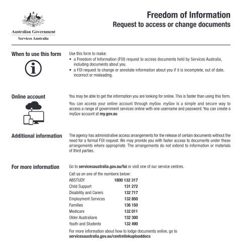 Document preview: Freedom of Information - Request to access or change documents — Services Australia — Individuals (by code), Australia (CERFA n°SI031)
