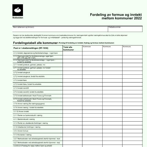 Document preview: Fordeling av inntekt og formue mellom kommuner (UTGÅTT) — Skatteetaten / Forms, Norge (CERFA n°RF-1034)