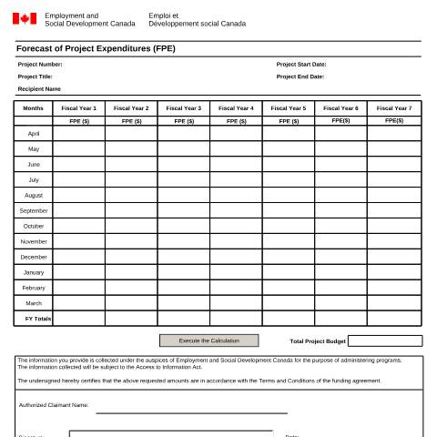 Document preview: Forecast of Project Expenditures (FPE) — Employment and Social Development Canada, Canada (CERFA n°EMP5538)