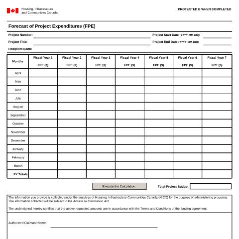 Document preview: Forecast of Project Expenditures (FPE) — Housing, Infrastructure Communities Canada (HICC), Canada (CERFA n°HIC5538)