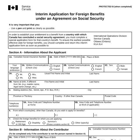 Document preview: Foreign Benefits under an Agreement on Social Security, Interim Application for — Income Security Programs, Canada (CERFA n°ISP5005)