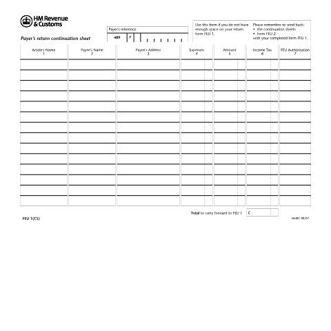 Document preview: Foreign entertainers: payers return continuation sheet (FEU 1 CS) — HM Revenue & Customs, United Kingdom