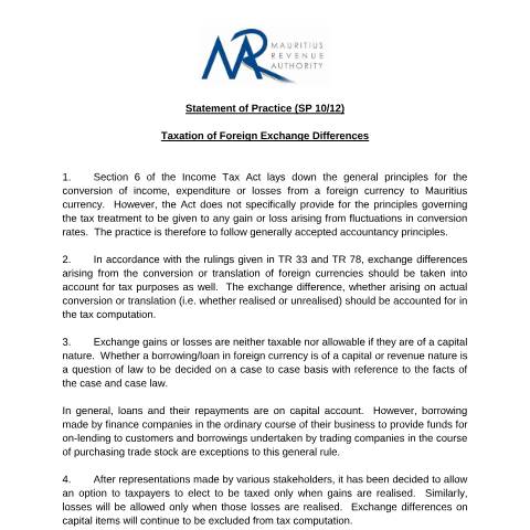 Document preview: SP 10/12 — Document, Mauritius (CERFA n°SOP1012ForeignExchangeDiff)