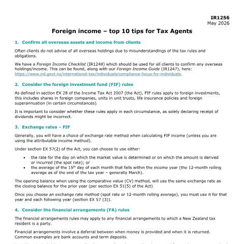 Document preview: Foreign income - top 10 tips for Tax Agents — International, New Zealand (CERFA n°IR1256)
