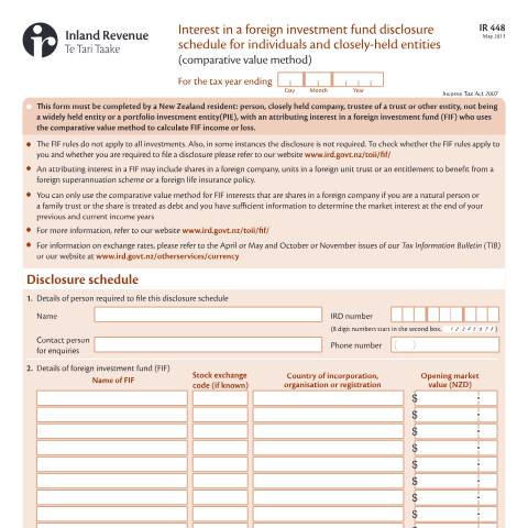 Document preview: Interest in a foreign investment fund disclosure schedule for individuals and closely-held entities (comparative value method) — Income tax, New Zealand (CERFA n°IR448)