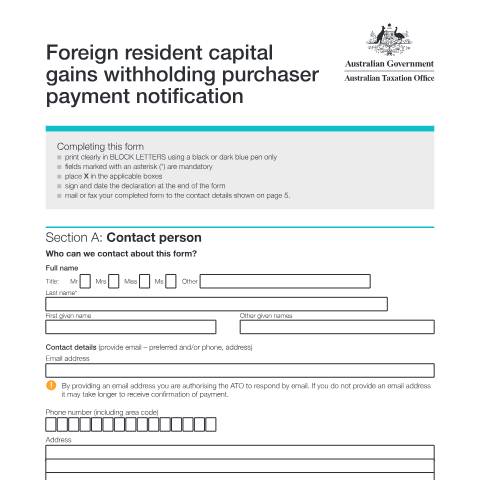 Document preview: Foreign resident capital gains withholding purchaser payment notification — ATO — Foreign resident capital gains withholding, Australia (CERFA n°NAT 74884)