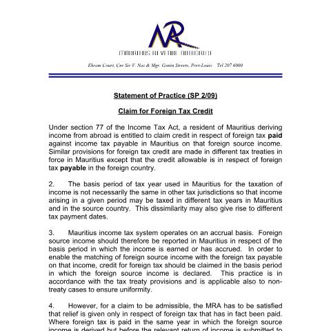 Document preview: SP 02/09 — Document, Mauritius (CERFA n°SP_FTaxCredit)