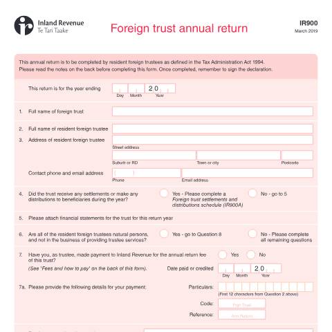Document preview: Foreign trust annual return 2019 — International, New Zealand (CERFA n°IR900)