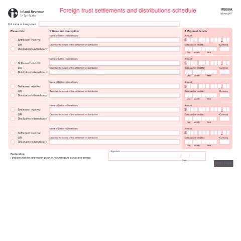Document preview: Foreign trust settlements and distributions schedule 2017 — International, New Zealand (CERFA n°IR900A)