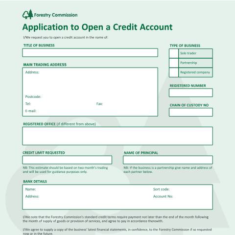Document preview: Apply for a credit account — Forestry Commission, United Kingdom