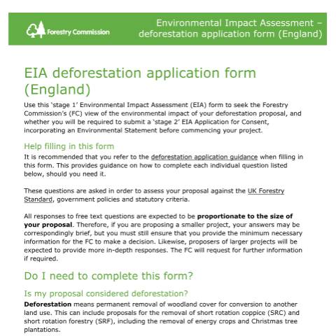 Document preview: EIA deforestation application form — Forestry Commission, United Kingdom