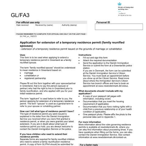 Document preview: Application for extension of a temporary residence permit in Greenland (family reunified spouses) — Immigration Service / Application forms – The Danish Immigration Service, Danmark