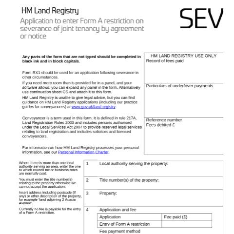 Document preview: Form A restriction: application to enter (SEV) — HM Land Registry, United Kingdom