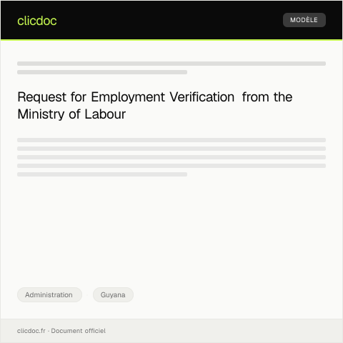 Document preview: Formal Application for Employment Verification Letter from the Ministry of Labour — Administration, Guyana