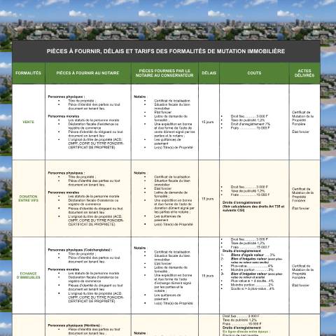 Aperçu du document ANNEXE 4 PIECES FOURNIR DELAIS ET TARIFS DES FORMALITES DE MUTATION IMMOBILIERES — Transfert de propriété, Côte d'Ivoire